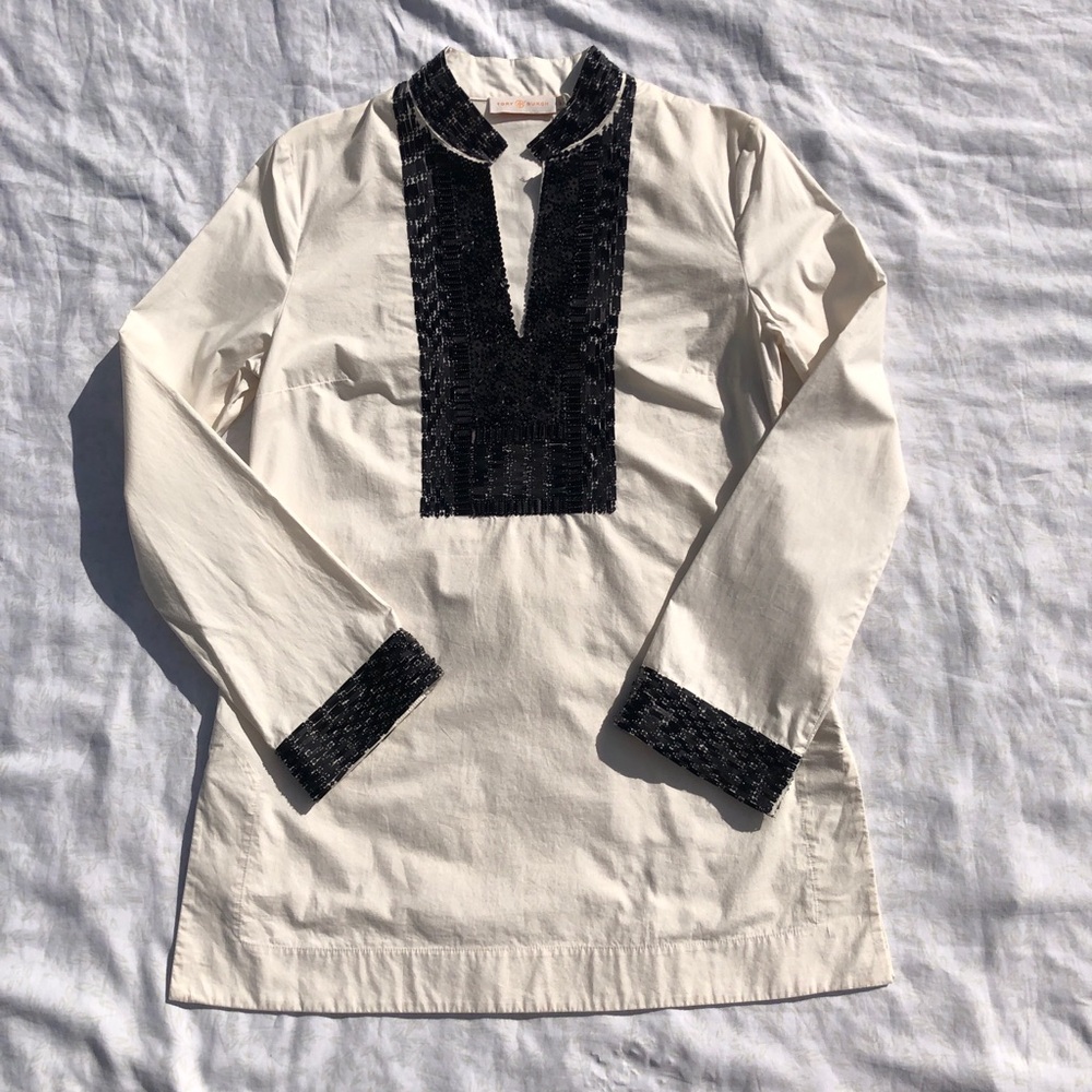 Tory Burch Tory Tunic Size 0 NWT Ivory Black Sequin Beaded Top $348 42497